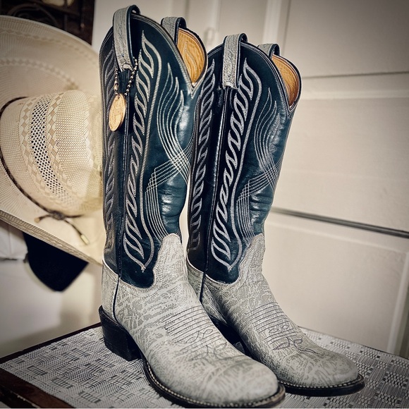 Tony Lama Shoes - VTG Tony Lama Men's 13”5.5A,Gold Label Blue/grayLeather Cowboy Western Boots W:7